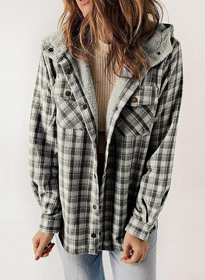 Women’s Jacket – Wool Blend – Relaxed Fit – Plaid – Plush Hood – Button-Up Casual Wear