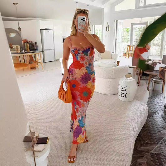 Floral Print Slim Fit Sleeveless Dress