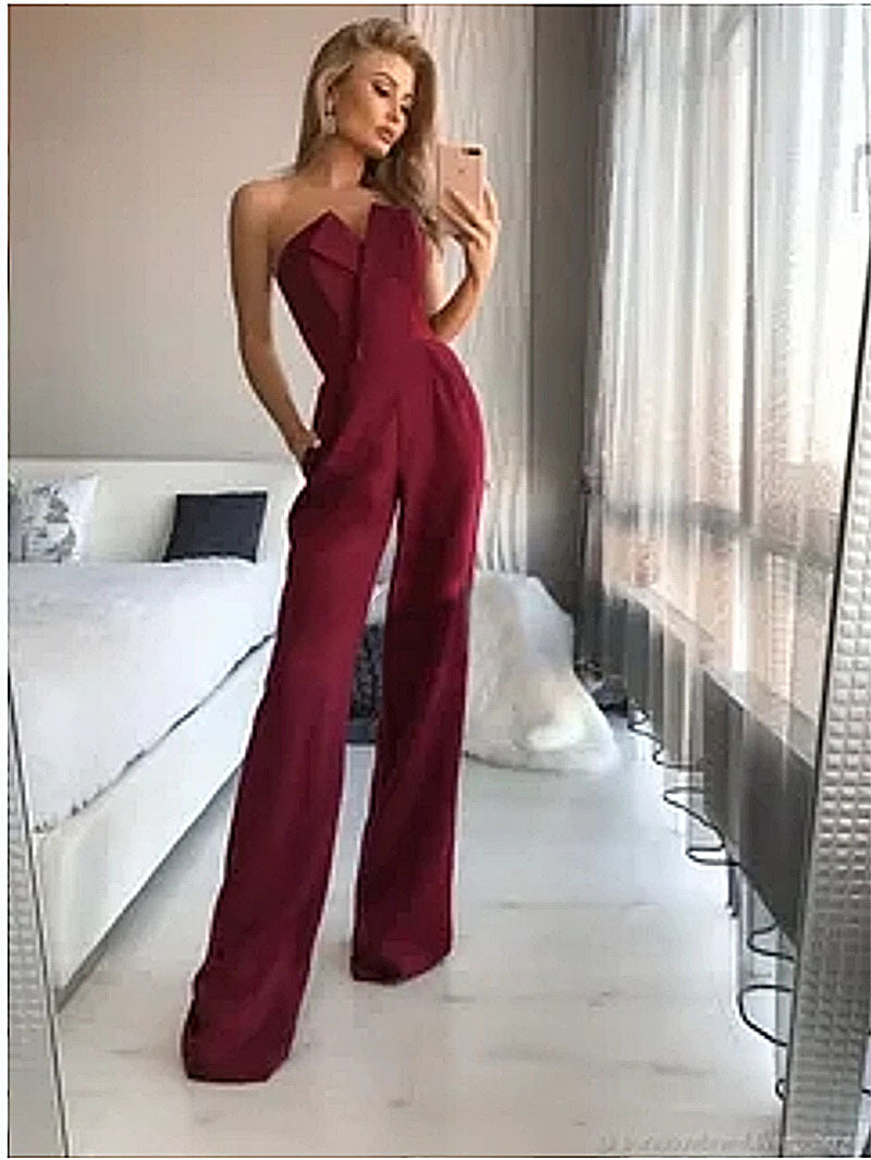 Asymmetrical Neckline Tailored Wide Leg Jumpsuit