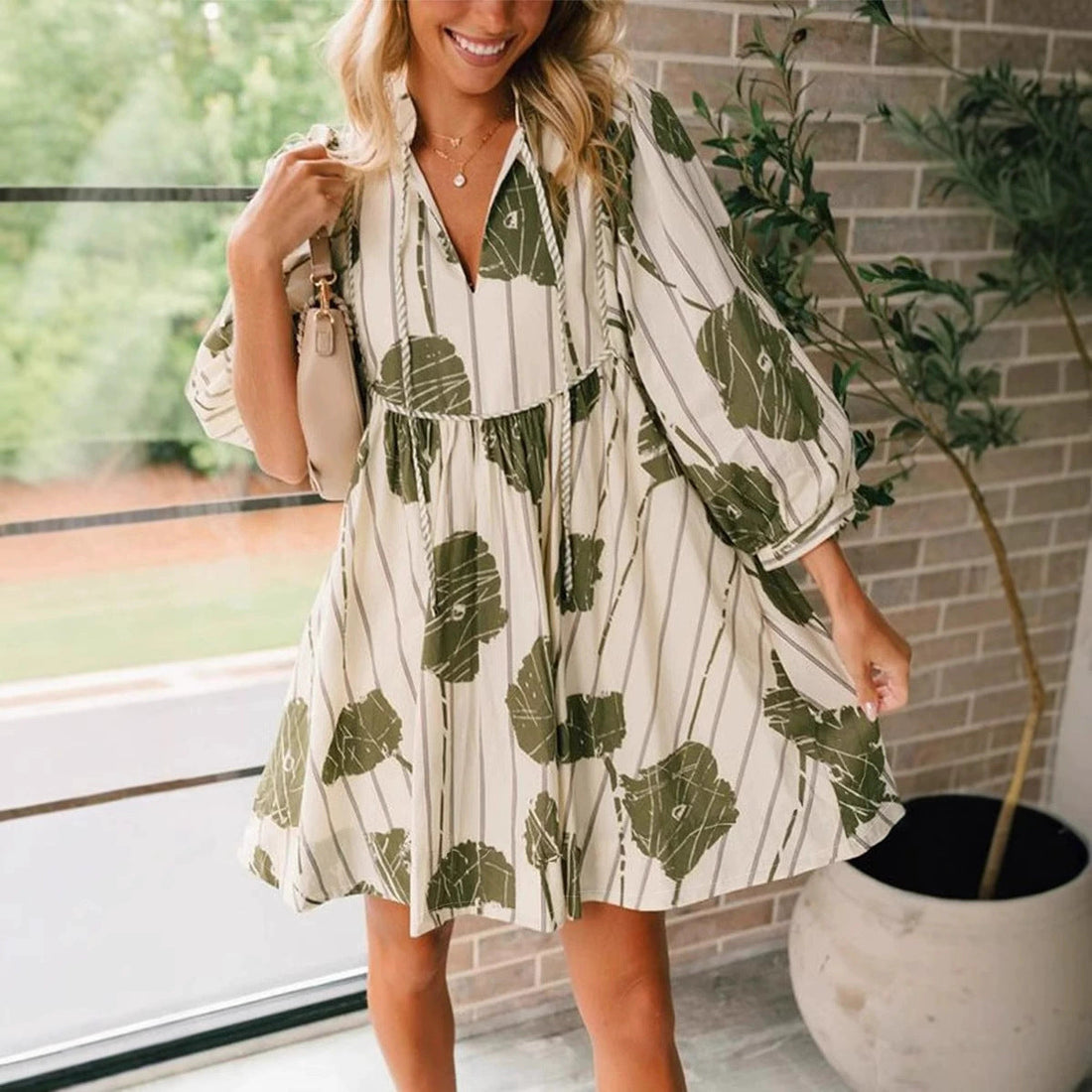 Women’s Short Dress – Cotton Blend – Puff Sleeve – V-Neck – Flowy Cinched Waist