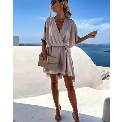 Women’s Dress – Relaxed Fit – Batwing Sleeves – Asymmetrical Hem – Knot Front V-Neck