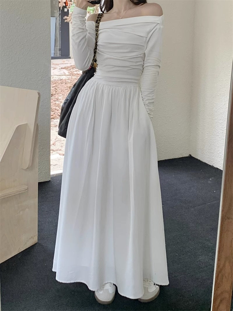 Women's Off-Shoulder Maxi Dress - Elegant Long Sleeve - Classic Flowing Skirt