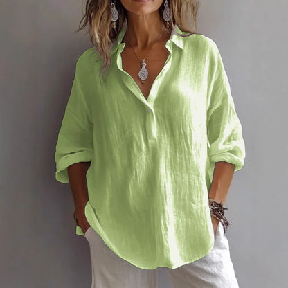 Women’s V-Neck Shirt – Loose Fit – Rolled Long Sleeves – Natural Fibers – Casual Style
