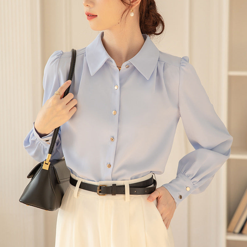  Elegant Button-Up Blouse - Puff Shoulder Design