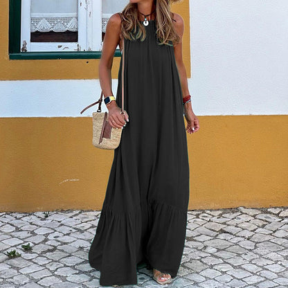 Women’s Long Dress – Sleeveless Halter – Flowing Fit – Natural Fibers – Tiered Skirt