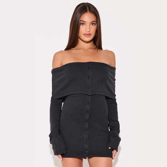 Ribbed Knit Slim Fit Off-Shoulder Dress