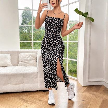 Women’s Midi Dress – Slim Fit – Bustier Bodice – Spaghetti Straps – Floral Print – Side Slit