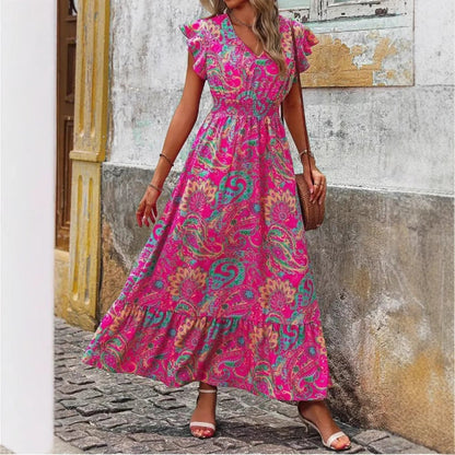 Women’s Maxi Dress – Floral Print – V-Neck – Sleeveless – Tiered Hem – Relaxed Fit