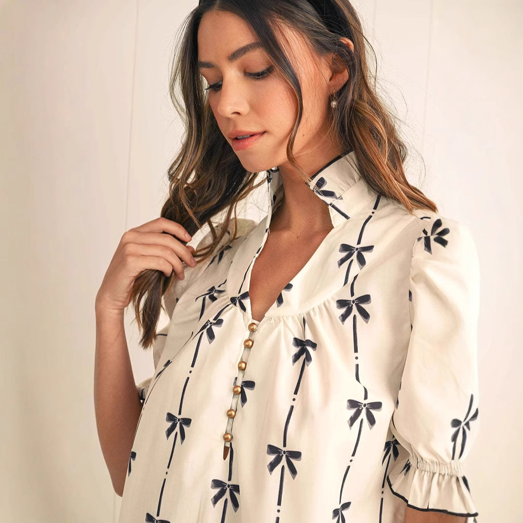 Women’s A-Line Dress – Lightweight Cotton – Puff Sleeves – Bow Pattern – Above Knee