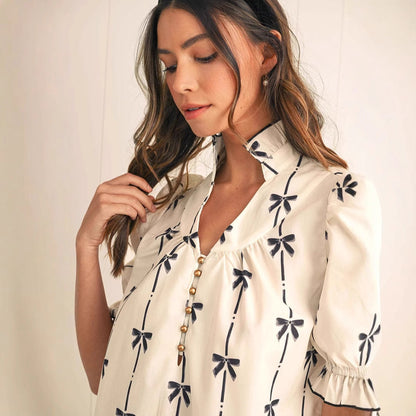 Women’s A-Line Dress – Lightweight Cotton – Puff Sleeves – Bow Pattern – Above Knee