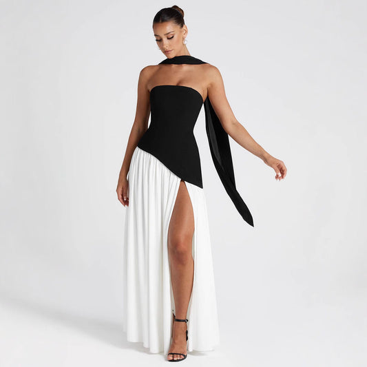 Women’s Evening Dress – Strapless Fitted Bodice – Flowy Skirt – Side Slit – Formal Wear