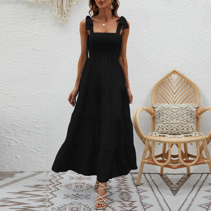 Women’s Maxi Dress – Fitted Bodice – Tie Straps – Tiered Skirt – Lightweight Cotton