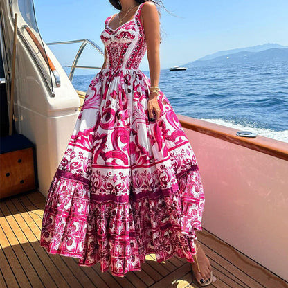 Women’s Suspender Dress – Flowing Fit – Breathable Blend – Tiered Maxi Skirt – Printed Design