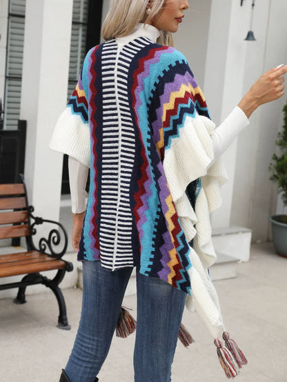 Women’s Cape Shawl Cardigan – Oversized Fit – Knit Chevron Texture – V-Neck with Tassels