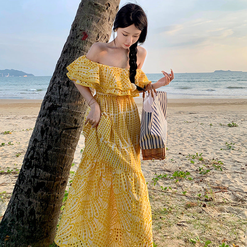 Women's Off-Shoulder Maxi Dress - Ruffle Detail - Smocked Bodice - Flowy A-Line Fit