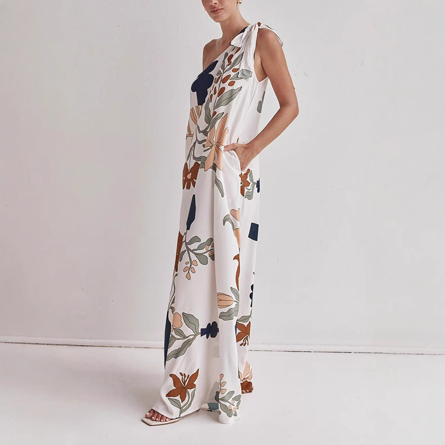 Women’s One-Shoulder Dress – Full Length – Lightweight Cotton – Bold Print – Relaxed Fit