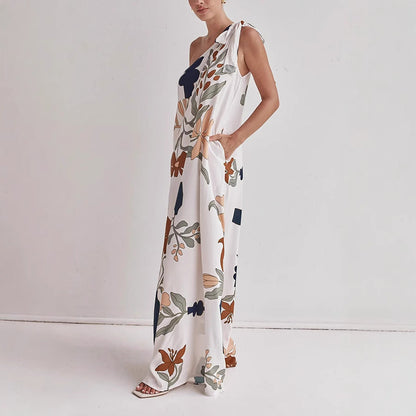 Women’s One-Shoulder Dress – Full Length – Lightweight Cotton – Bold Print – Relaxed Fit