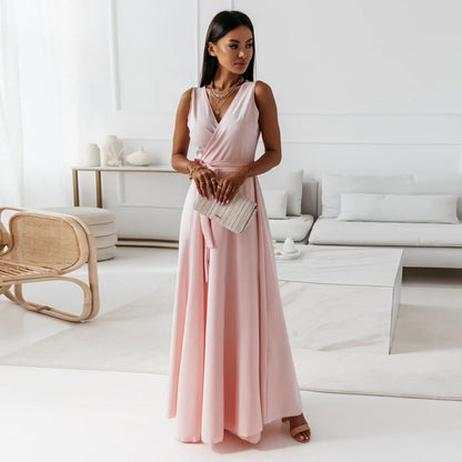 Women's Evening Gown - Sleeveless V-Neck - Wrap-Style Floor-Length Elegant Dress