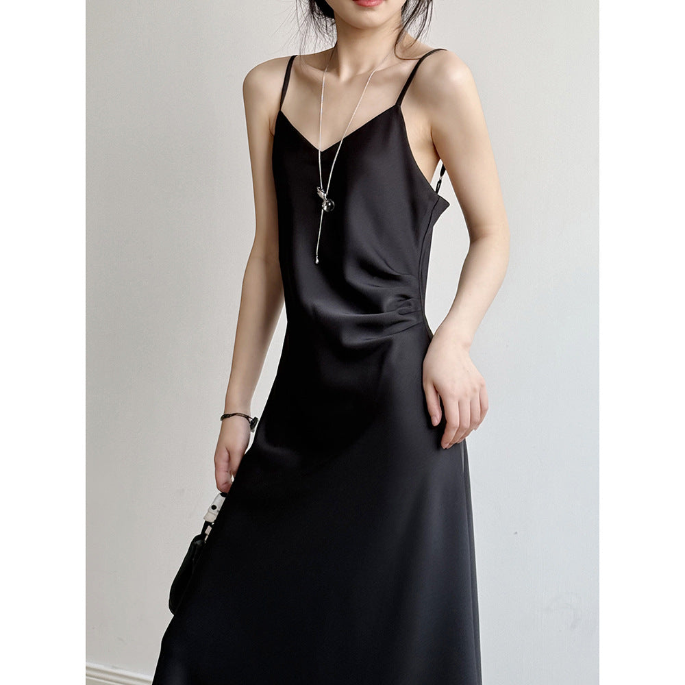 Women’s Camisole Dress – Satin Fabric – Full Length – A-Line Draped Fit – Spaghetti Strap