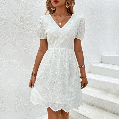 Women's Mini Dress - Eyelet Lace - V-Neck - Short Puff Sleeves - A-Line Flowy Fit