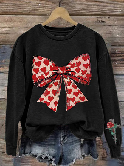 Women’s Sweatshirt – Oversized Fit – Crew Neck – Graphic Bow and Rose Print – Cotton Knit