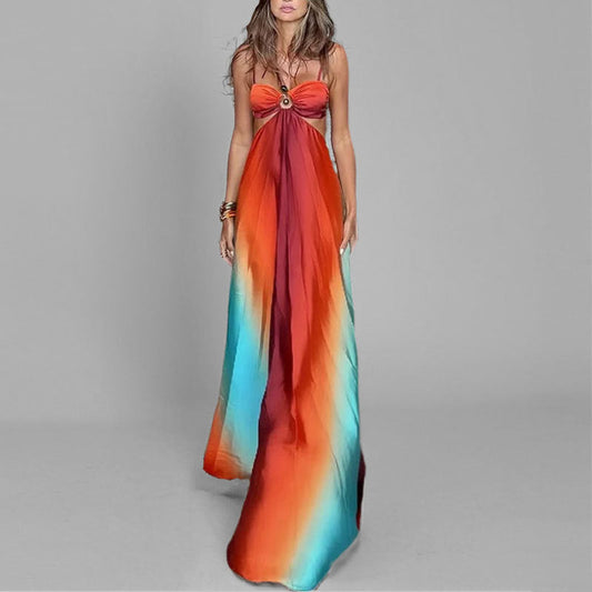 Flowy Gradient Ring Detail Maxi Dress