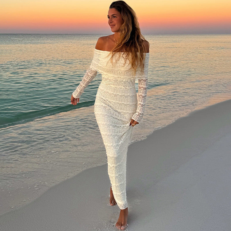 Women’s Maxi Dress – Lace – Slim Fit – Off-Shoulder – Long Sleeve Elegant Wear