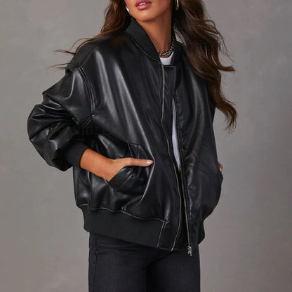 Women’s Leather Jacket – Oversized Relaxed Fit – Ribbed Trim – Full Zip Closure