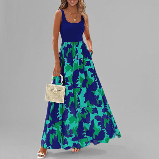 Printed Flowy High-Waist A-Line Maxi Dress