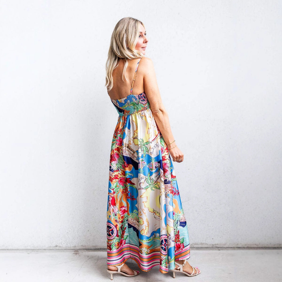 Women’s Maxi Dress – Fit and Flare – High Waist – Spaghetti Straps – Printed Resort Style