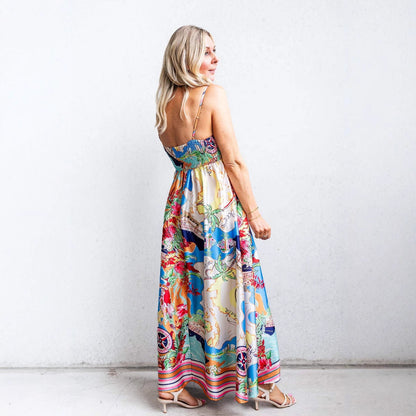 Women’s Maxi Dress – Fit and Flare – High Waist – Spaghetti Straps – Printed Resort Style