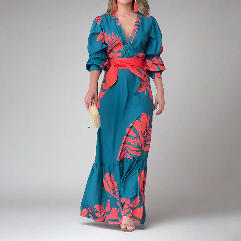 Women’s Maxi Dress – Flared Silhouette – Puff Sleeve – V-Neck – Belted Bold Print