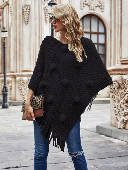 Women’s Shawl Sweater – Relaxed Fit – Knit Wool Blend – Fur Ball & Tassel Accents