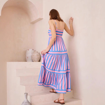 Women’s Sundress – Lightweight Cotton – A-Line Fit – Tiered Striped Full Length