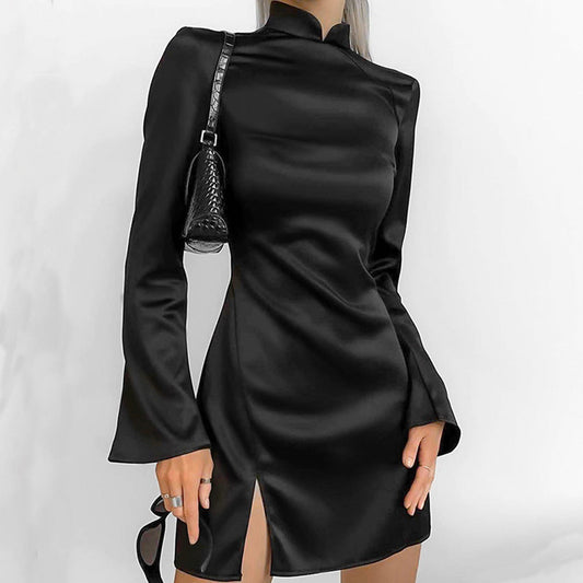 Satin Form-Fitting Bell Sleeve Mini Dress