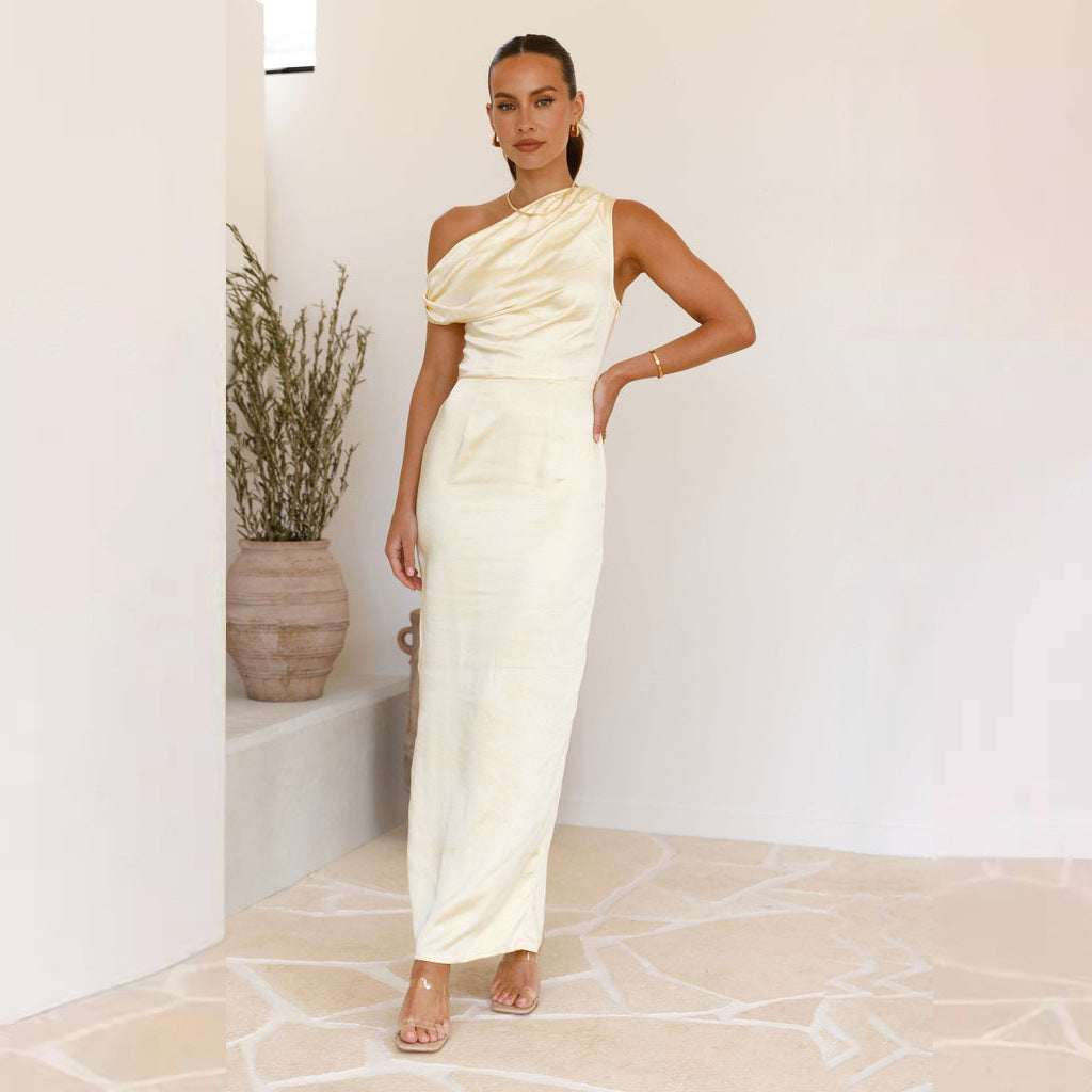 Satin Finish One-Shoulder Bodycon Midi Dress
