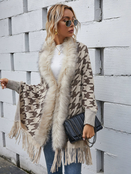 Knitted Houndstooth Relaxed Fit Cardigan With Fur Collar 
