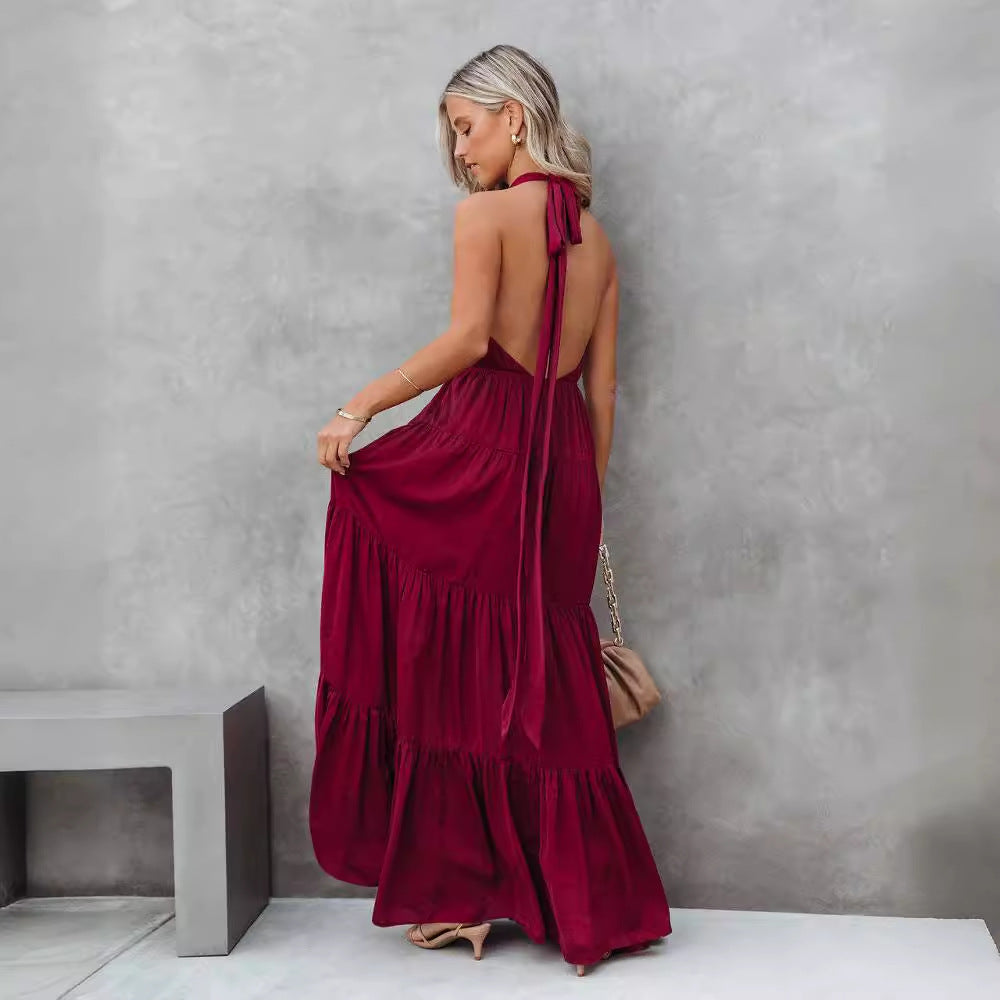Flowing Cinched Waist Halter Dress