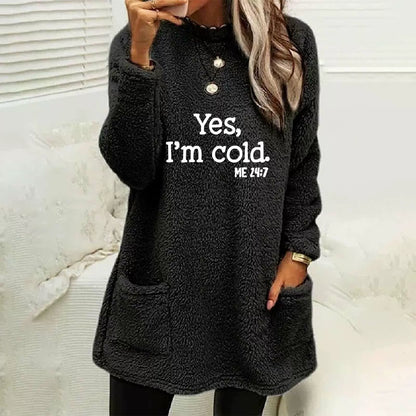 Women’s Oversized Sweatshirt – Double-Sided Fleece – Letter Print – Long Sleeve – Pockets