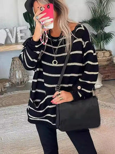 Women's striped boat neck sweater with large pocket
