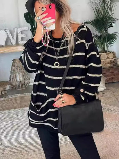 Women's striped boat neck sweater with large pocket
