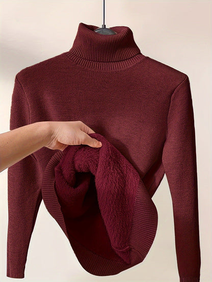 Women’s Pullover Sweatshirt – Slim Fit Knit – Fleece Lined – Ribbed Turtleneck