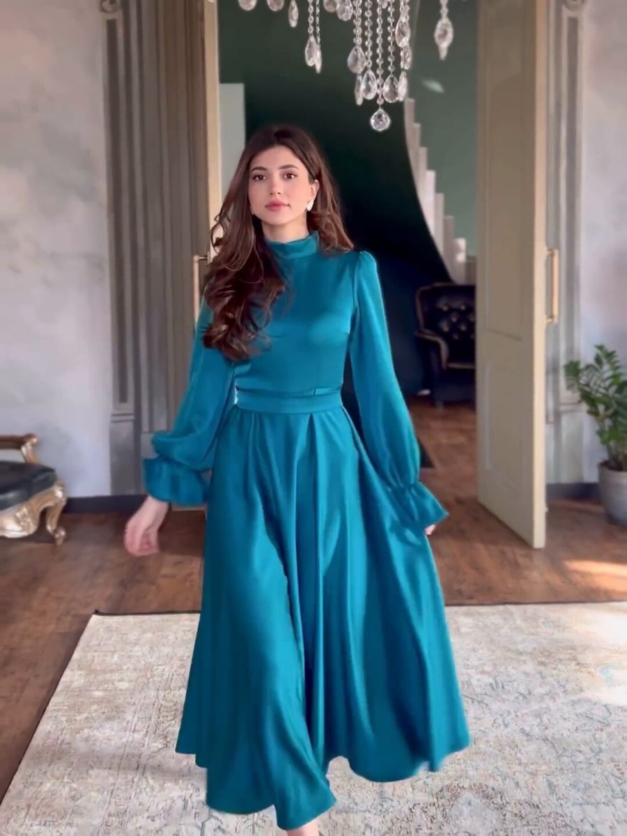 High Neck - Lantern Sleeve Long Dress