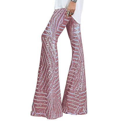 Women’s Pants – High Waist – Sequin Geometric Detail – Wide Leg – Full Length Fit