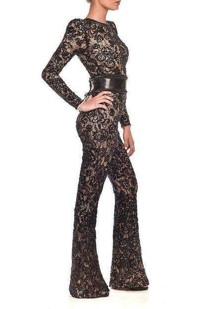 Women’s Lace Jumpsuit – Fitted Silhouette – Long Sleeve – Belted Waist – Full Length