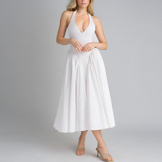 Women's Halter Dress - Plunge V-Neck - Midi Length Fit-and-Flare - Elegant Partywear