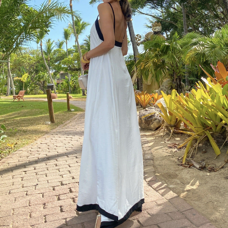 Women’s Maxi Dress – Lightweight Fabric – Loose Fit – Thin Straps – Contrast Trim