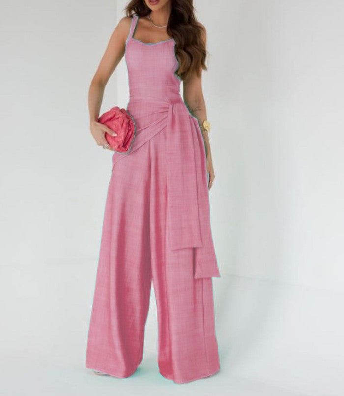 Women’s Jumpsuit – Sleeveless Square Neck – Wide Leg – Adjustable Waist – Linen Blend