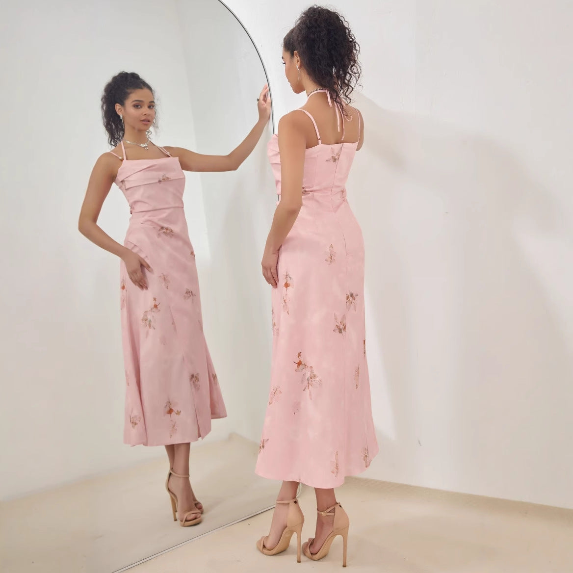 Satin Feel Strappy A-Line Midi Dress