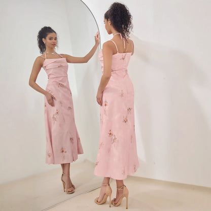 Women’s Midi Dress – Satin Feel – A-Line Fit – Strappy Draped Bodice – Floral Detail